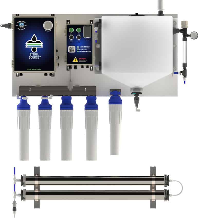 Steril Source water purification system with control panel, five replacement filters, and UV.